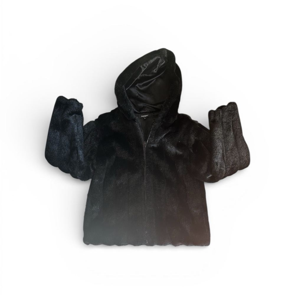 Karen Kane Black Hooded Faux Fur Coat Jacket Like New Medium